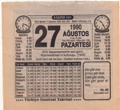 27 Ağustos 1990 Takvim Yaprağı EFM(N)2529 - 3