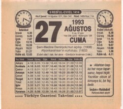 27 Ağustos 1993 Takvim Yaprağı EFM(N)2530 - 1