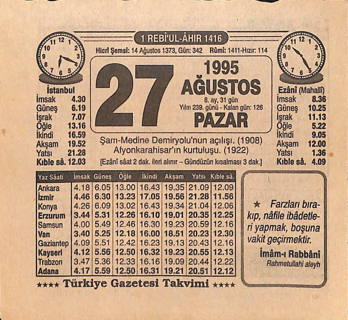 27 Ağustos 1995 Takvim Yaprağı - Doğum Günü Hediyesi EFMN15446 - 1