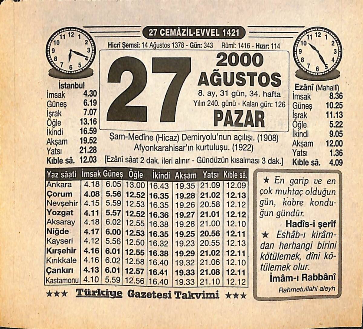 27 Ağustos 2000 Takvim Yaprağı - Doğum Günü Hediyesi EFMN14264 - 1
