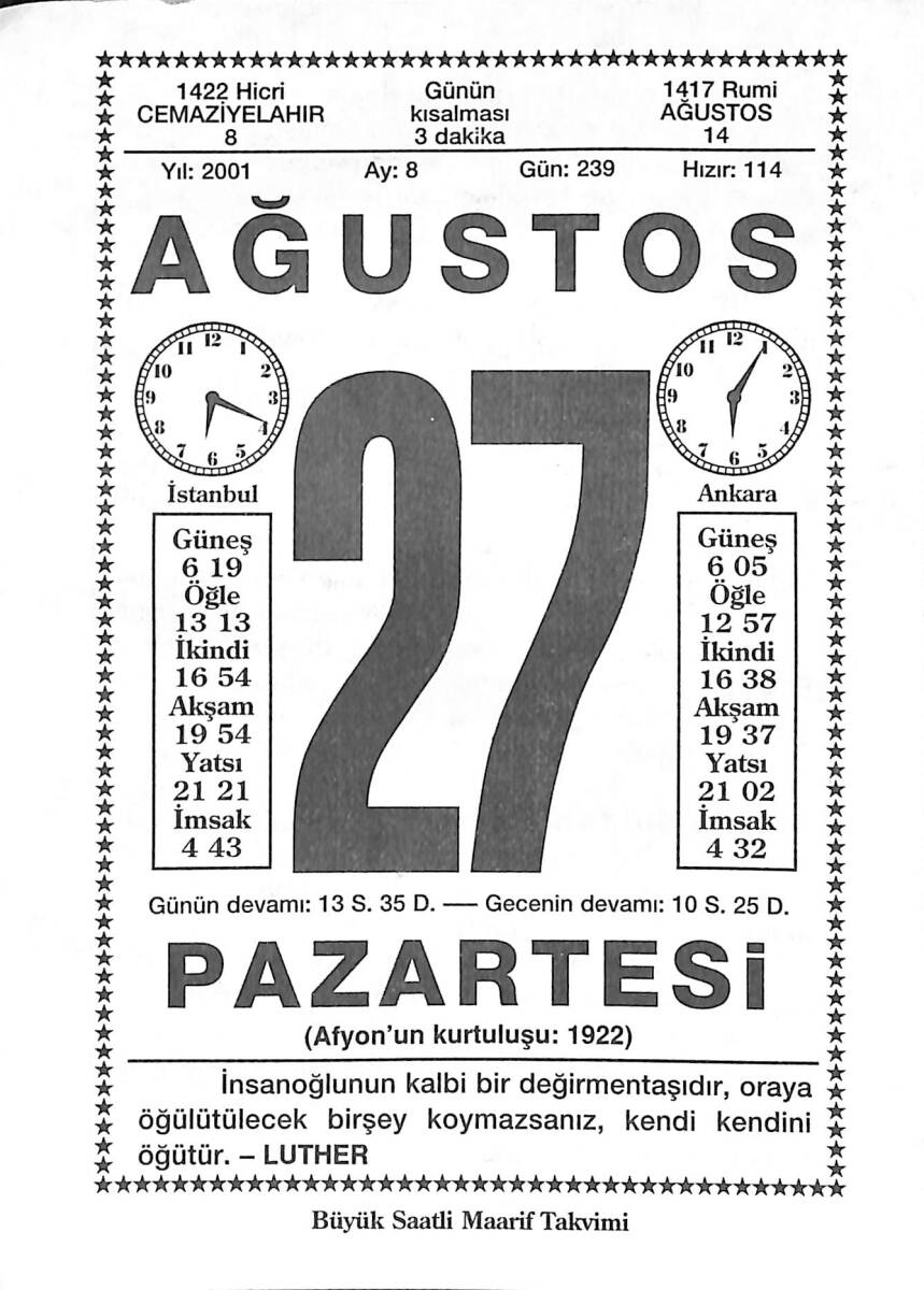 27 Ağustos 2001 Takvim Yaprağı - Doğum Günü Hediyesi EFMN14203 - 1