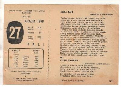 27 Aralık 1960 Ajans Türk Takvim Yaprağı (Şiirli Saatli) EFM(N) 1821 - 2