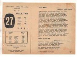 27 Aralık 1960 Ajans Türk Takvim Yaprağı (Şiirli Saatli) EFM(N) 1821 - 1