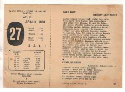 27 Aralık 1960 Ajans Türk Takvim Yaprağı (Şiirli Saatli) EFM(N) 1821 - 1