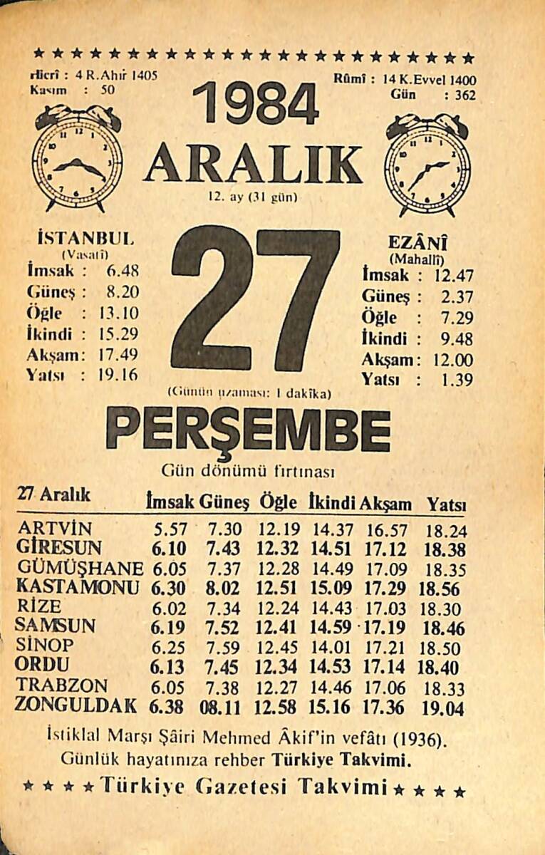 27 Aralık 1984 Takvim Yaprağı - Doğum Günü Hediyesi EFMN14497 - 1