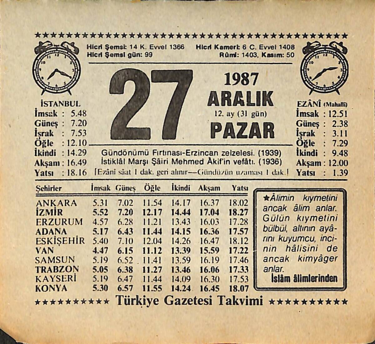 27 Aralık 1987 Takvim Yaprağı - Doğum Günü Hediyesi EFMN14984 - 1