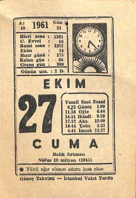 27 Ekim 1961 Takvim Yaprağı - Doğum Günü Hediyesi EFM(N)11265 - 1