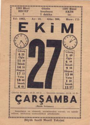 27 Ekim 1965 Takvim Yaprağı EFM(N)3576 - 3