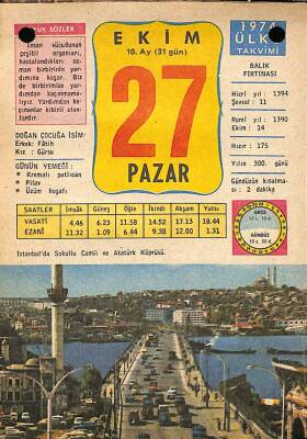 27 Ekim 1974 Takvim Yaprağı - Doğum Günü Hediyesi EFM(N)10393 - 2