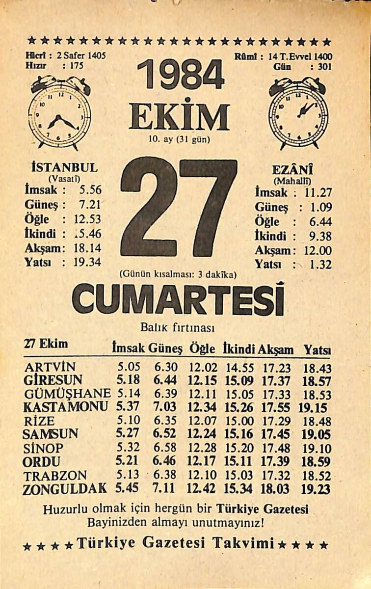 27 Ekim 1984 Takvim Yaprağı - Doğum Günü Hediyesi EFMN14556 - 1