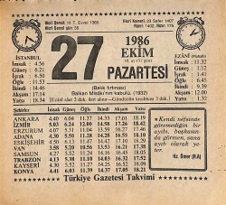 27 Ekim 1986 Takvim Yaprağı - Doğum Günü Hediyesi EFMN14904 - Gökçekoleksiyon