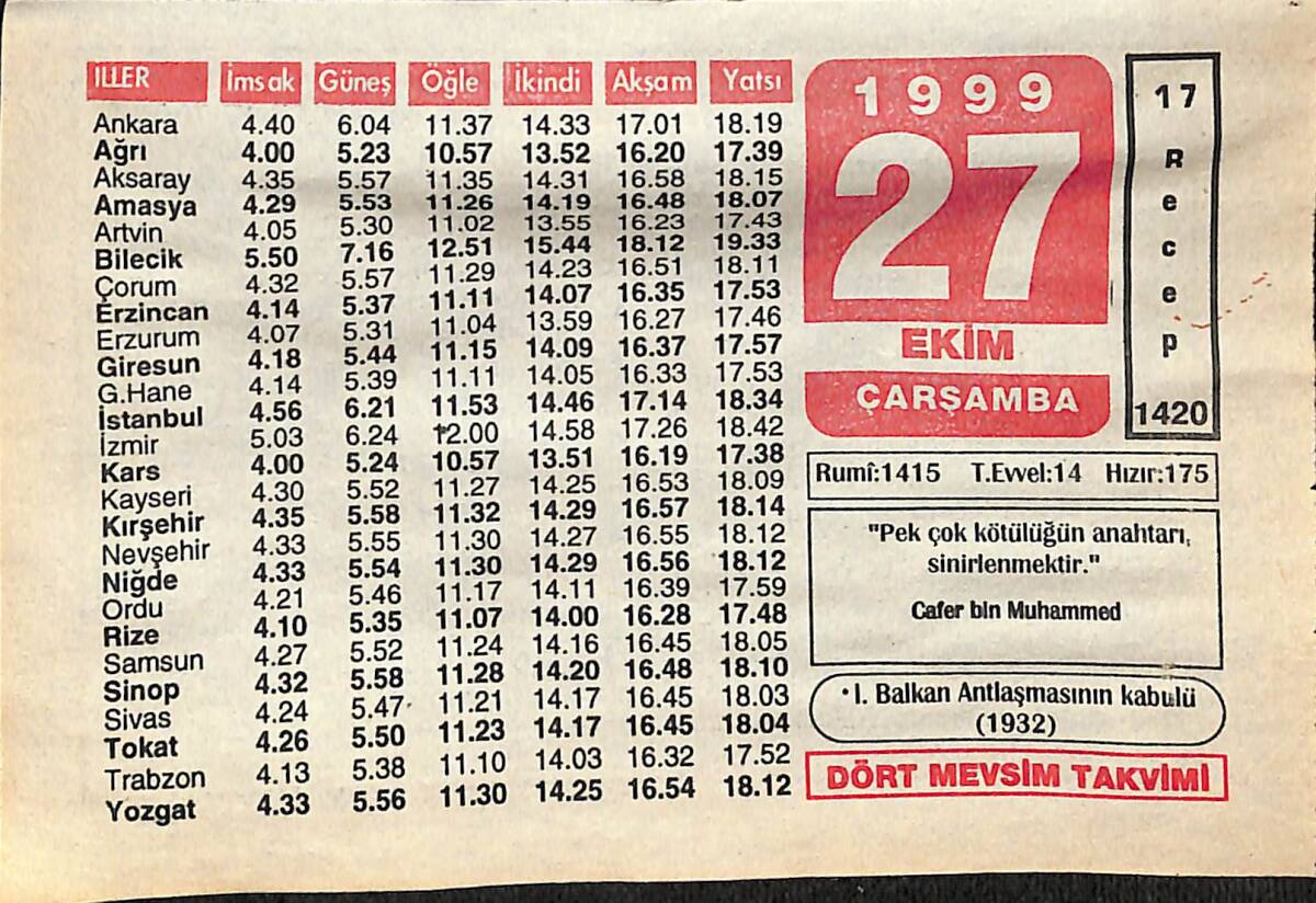 27 Ekim 1999 Takvim Yaprağı - Doğum Günü Hediyesi EFMN14060 - 1