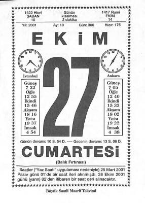 27 Ekim 2001 Takvim Yaprağı - Doğum Günü Hediyesi EFM(N)10494 Ekim