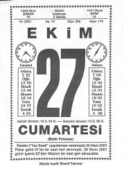 27 Ekim 2001 Takvim Yaprağı - Doğum Günü Hediyesi EFM(N)10494 - 2