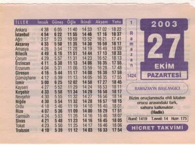 27 Ekim 2003 Takvim Yaprağı EFM(N)3729 - 1