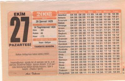 27 Ekim 2008 Takvim Yaprağı EFM(N)3275 - 3