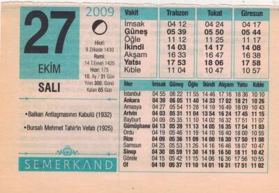 27 Ekim 2009 Takvim Yaprağı EFM(N)3306 - 1