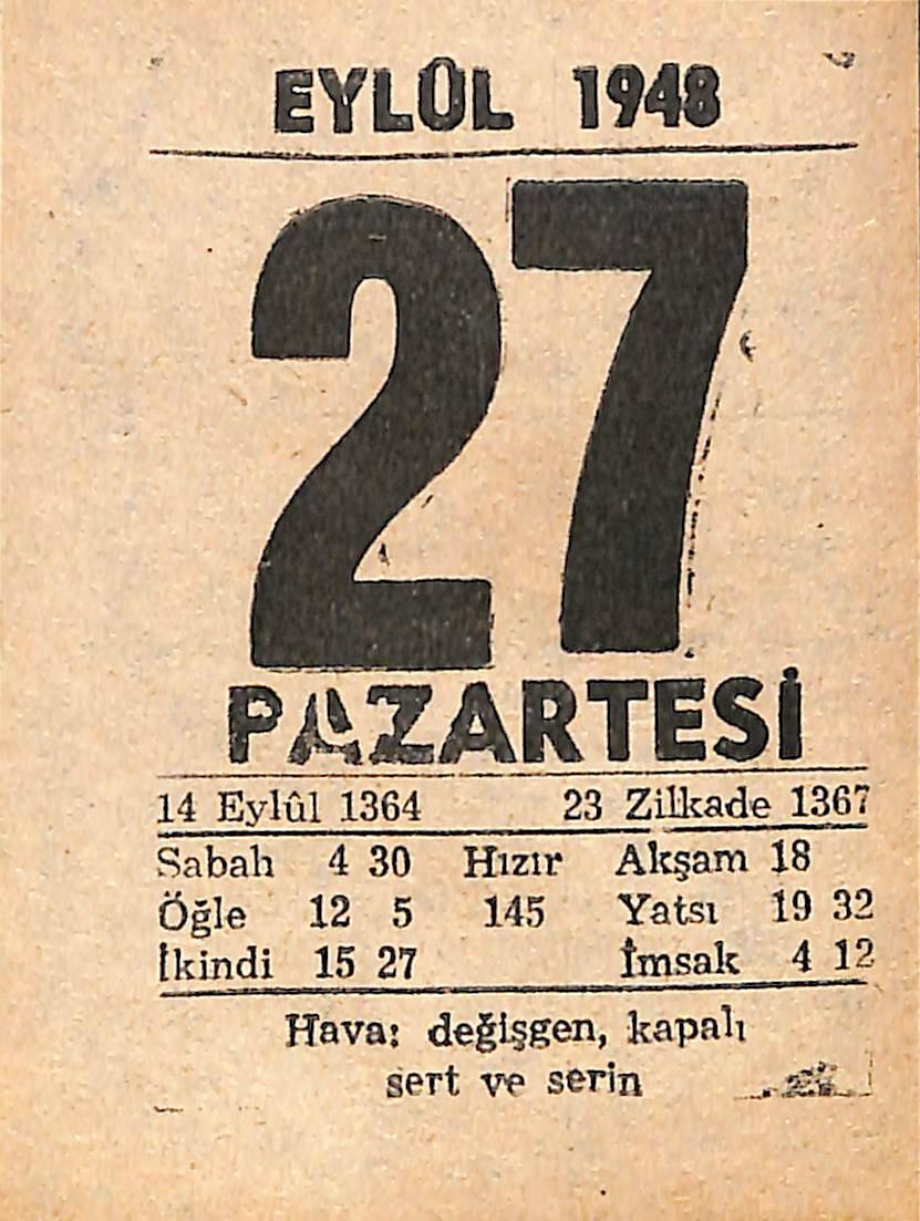 27 Eylül 1948 Takvim Yaprağı - Doğum Günü Hediyesi EFMN14380 - 1