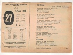 27 Eylül 1960 Ajans Türk Takvim Yaprağı (Şiirli Saatli) EFM(N) 1734 - 1