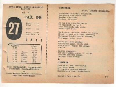 27 Eylül 1960 Ajans Türk Takvim Yaprağı (Şiirli Saatli) EFM(N) 1734 - 1