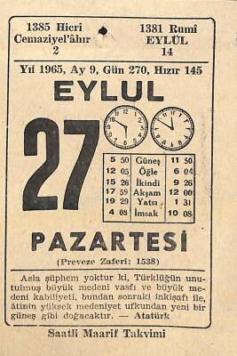 27 Eylül 1965 Takvim Yaprağı - Doğum Günü Hediyesi EFM(N)11386 - 1