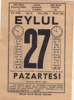 27 Eylül 1965 Takvim Yaprağı EFM(N)3640 - 2