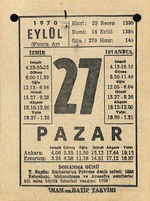 27 Eylül 1970 Takvim Yaprağı - Doğum Günü Hediyesi EFM(N)9903 - 2