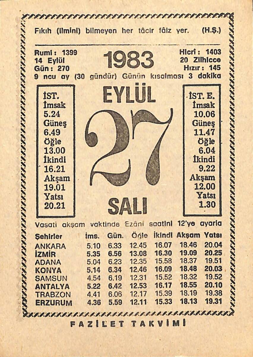 27 Eylül 1983 Takvim Yaprağı - Doğum Günü Hediyesi EFMN15382 - 1