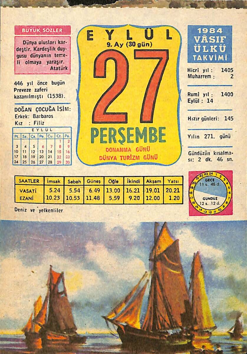 27 Eylül 1984 Takvim Yaprağı - Doğum Günü Hediyesi EFMN14839 - 1