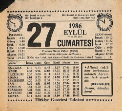 27 Eylül 1986 Takvim Yaprağı - Doğum Günü Hediyesi EFMN14934 - Gökçekoleksiyon