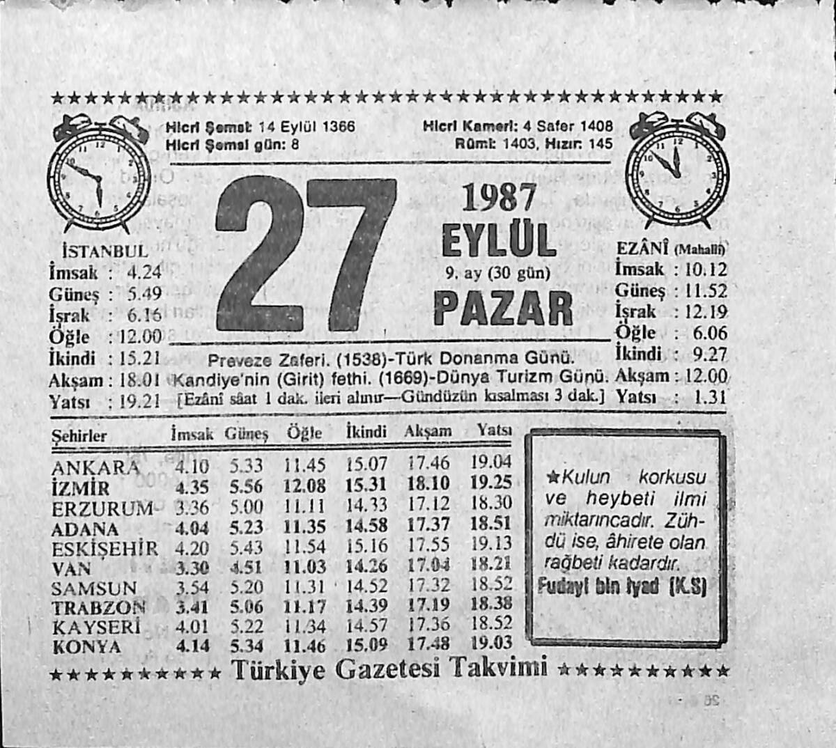 27 Eylül 1987 Takvim Yaprağı - Doğum Günü Hediyesi EFMN13962 - 1