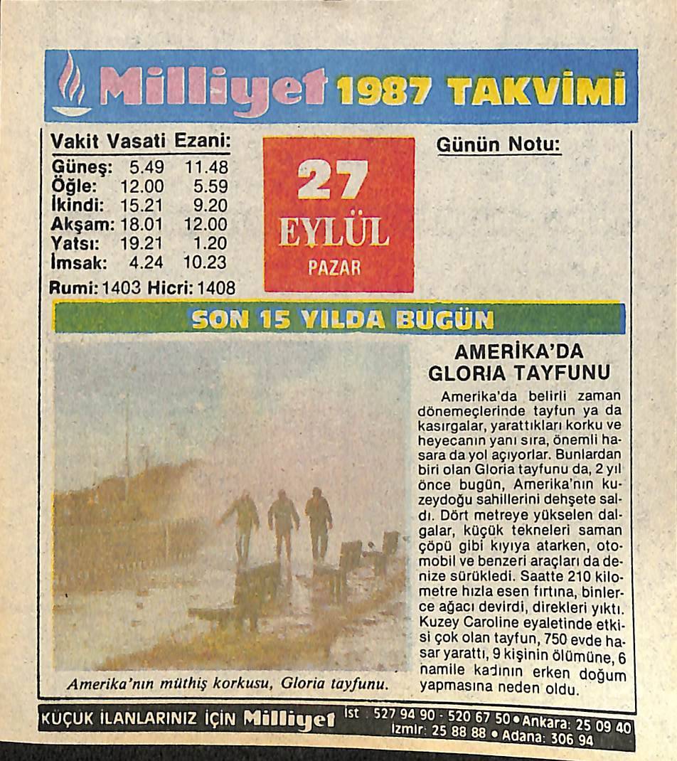27 Eylül 1987 Takvim Yaprağı - Doğum Günü Hediyesi EFMN14144 - 1