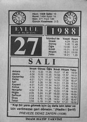 27 Eylül 1988 Takvim Yaprağı - Doğum Günü Hediyesi EFMN14664 - Gökçekoleksiyon