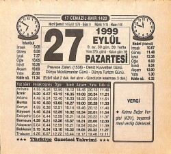 27 Eylül 1999 Takvim Yaprağı - Doğum Günü Hediyesi EFMN15480 - Gökçekoleksiyon