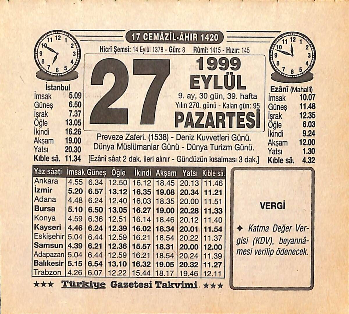 27 Eylül 1999 Takvim Yaprağı - Doğum Günü Hediyesi EFMN15480 - 1