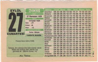 27 Eylül 2008 Takvim Yaprağı EFM(N)2967 - 3