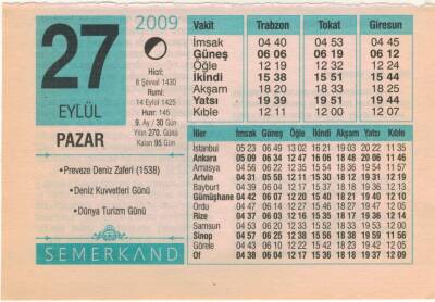 27 Eylül 2009 Takvim Yaprağı EFM(N)2950 - 1