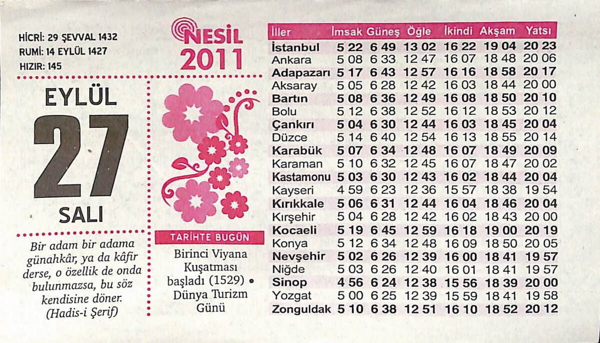 27 Eylül 2011 Takvim Yaprağı - Doğum Günü Hediyesi EFMN14373 - 1