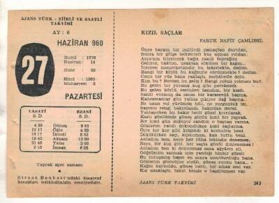 27 Haziran 1960 Ajans Türk Takvim Yaprağı (Şiirli Saatli) EFM(N)1644 - 4