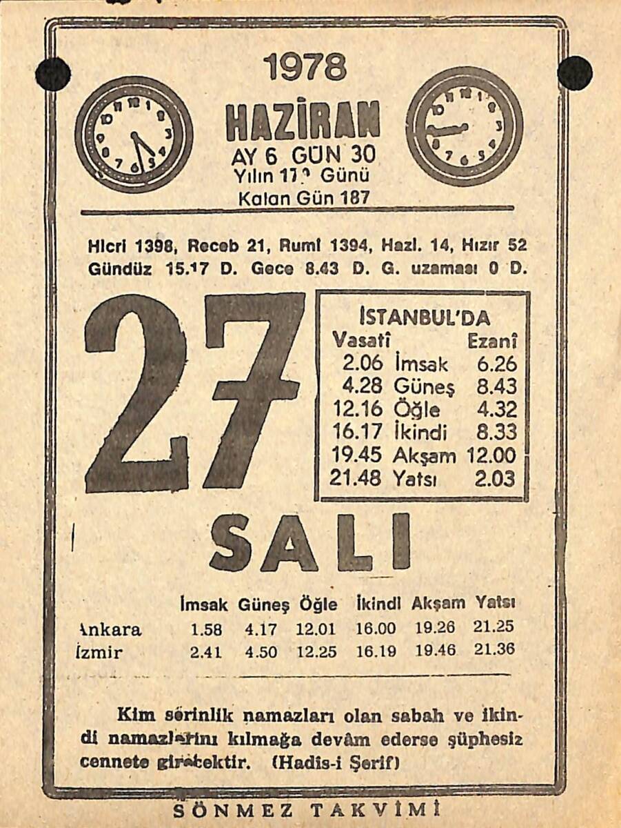 27 Haziran 1978 Takvim Yaprağı - Doğum Günü Hediyesi EFMN15363 - 1