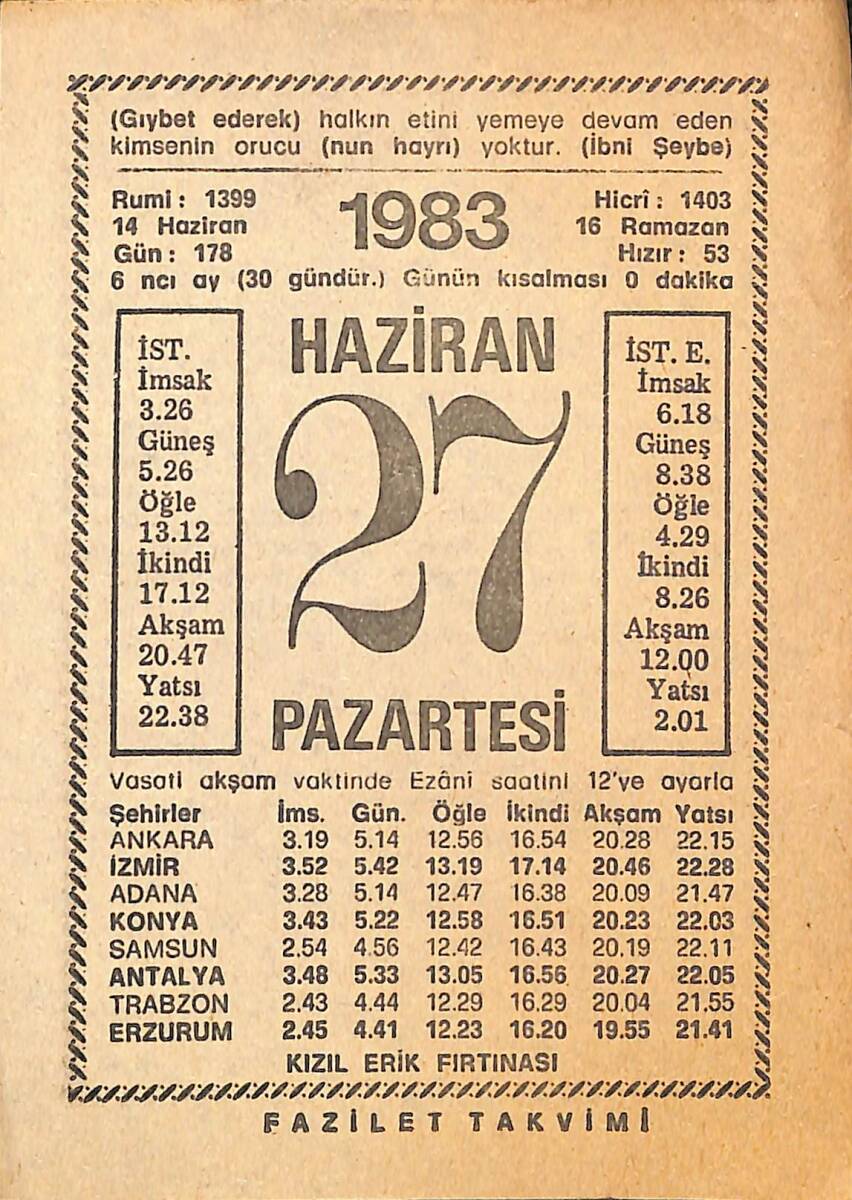 27 Haziran 1983 Takvim Yaprağı - Doğum Günü Hediyesi EFMN15391 - 1