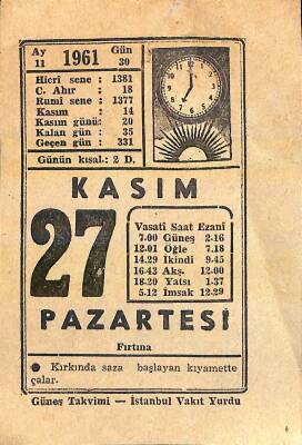 27 Kasım 1961 Takvim Yaprağı - Doğum Günü Hediyesi EFM(N)11442 - 1