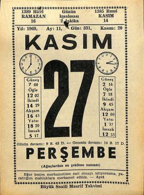 27 Kasım 1969 Takvim Yaprağı - Doğum Günü Hediyesi EFM(N)11086 - 1