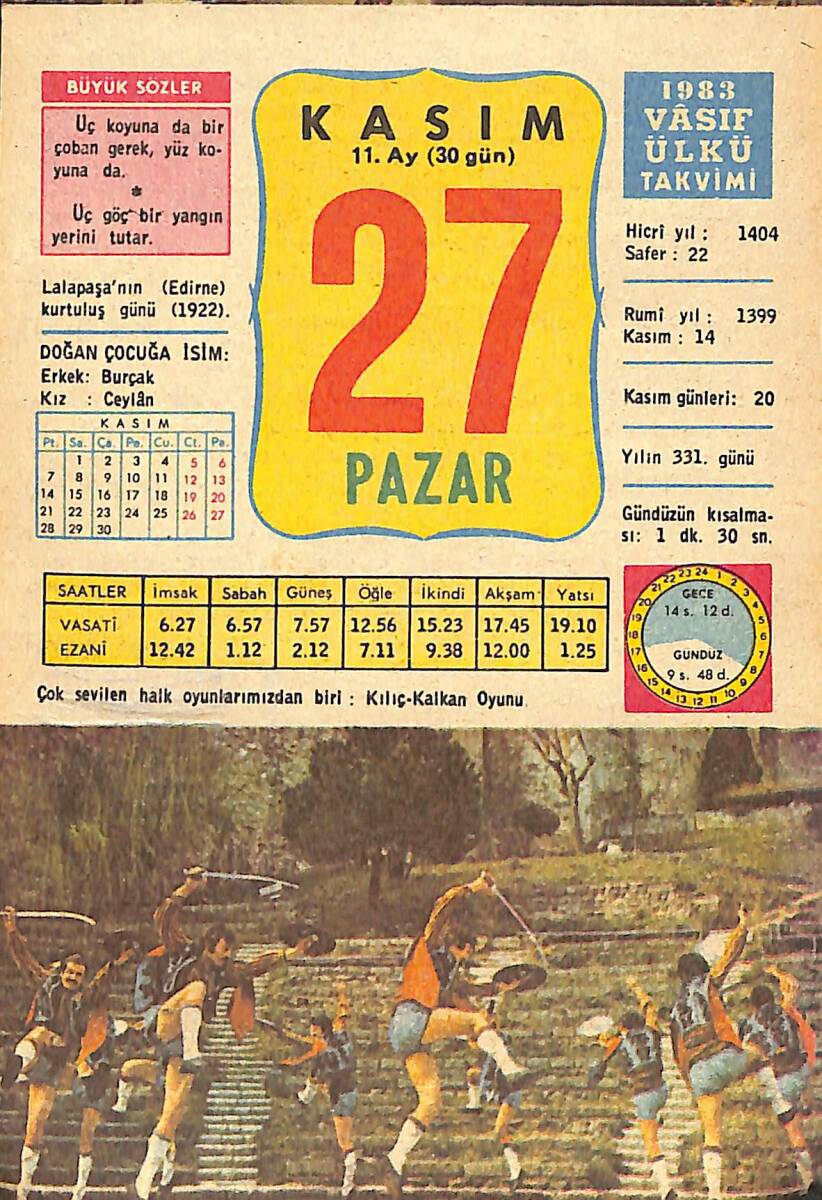 27 Kasım 1983 Takvim Yaprağı - Doğum Günü Hediyesi EFMN14697 - 1