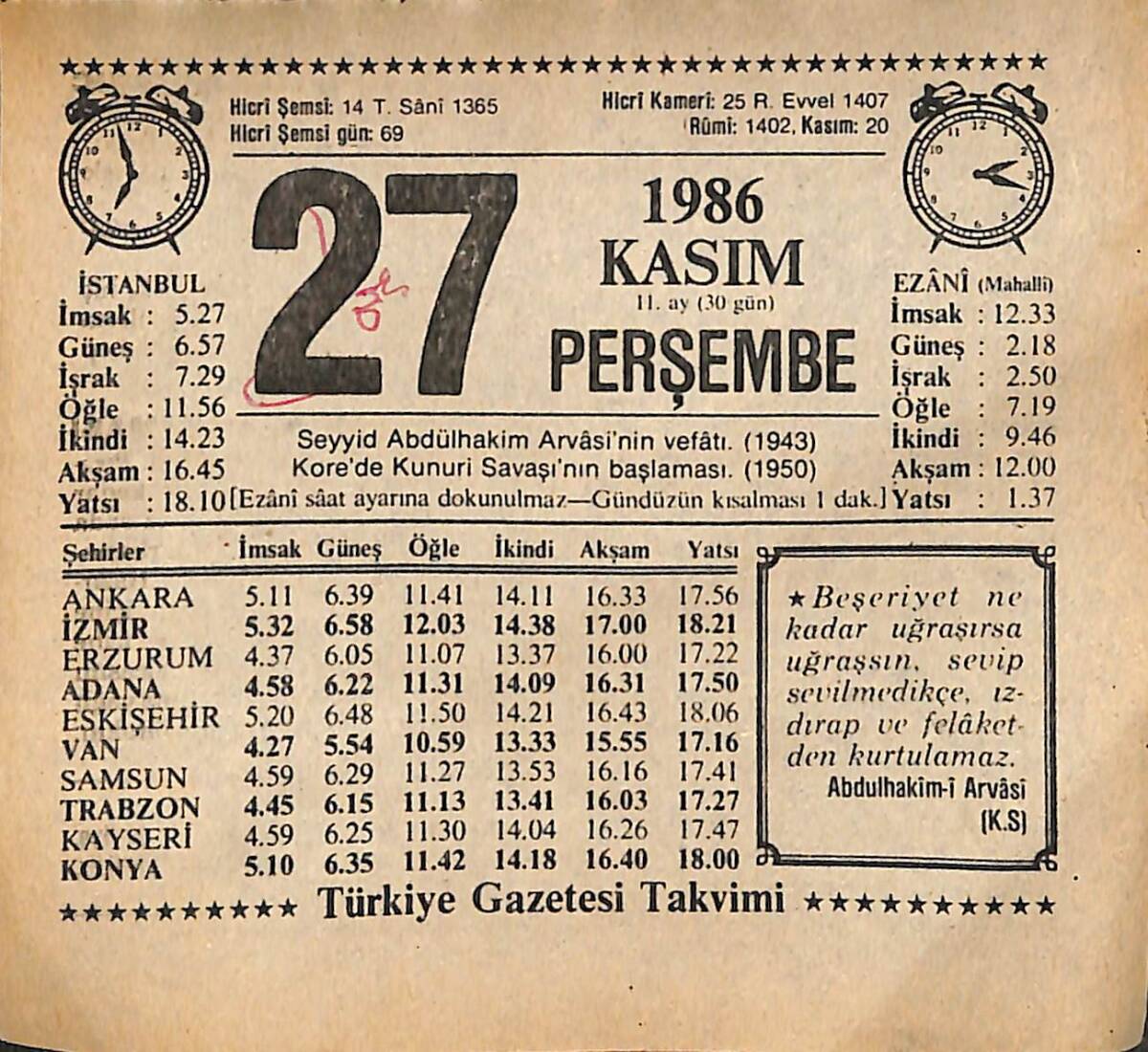 27 Kasım 1986 Takvim Yaprağı - Doğum Günü Hediyesi EFMN14876 - 1