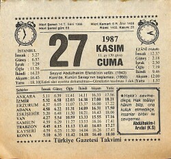 27 Kasım 1987 Takvim Yaprağı - Doğum Günü Hediyesi EFMN15014 - Gökçekoleksiyon