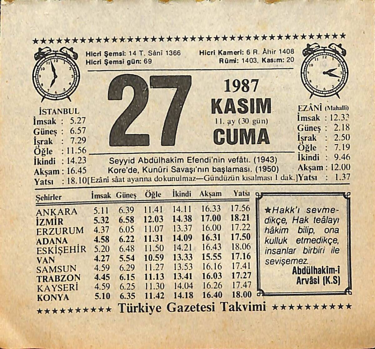 27 Kasım 1987 Takvim Yaprağı - Doğum Günü Hediyesi EFMN15014 - 1