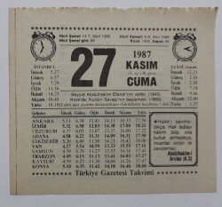 27 Kasım 1987 Takvim Yaprağı - Doğum Günü Hediyesi EFM(N)7166 - Gökçekoleksiyon