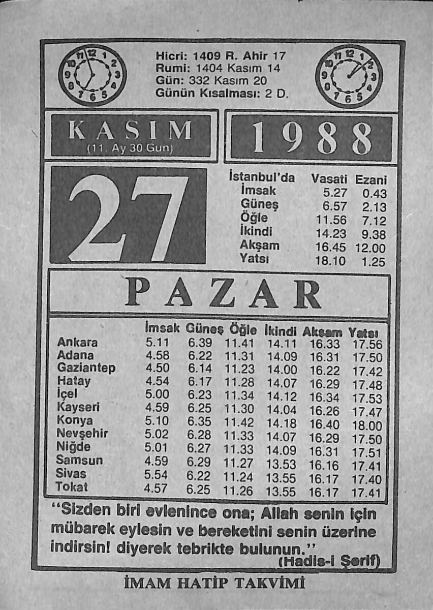 27 Kasım 1988 Takvim Yaprağı - Doğum Günü Hediyesi EFMN14603 - 1