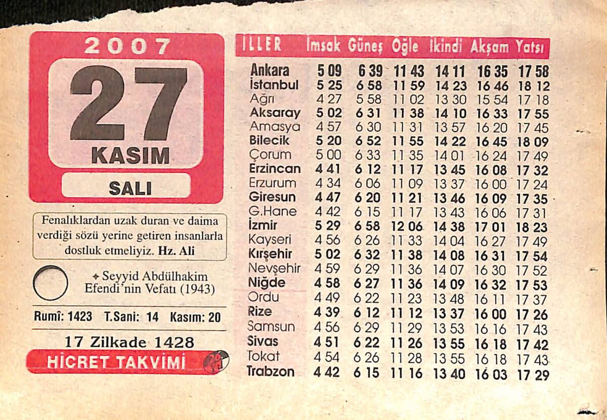 27 Kasım 2007 Takvim Yaprağı - Doğum Günü Hediyesi EFMN15994 - 1